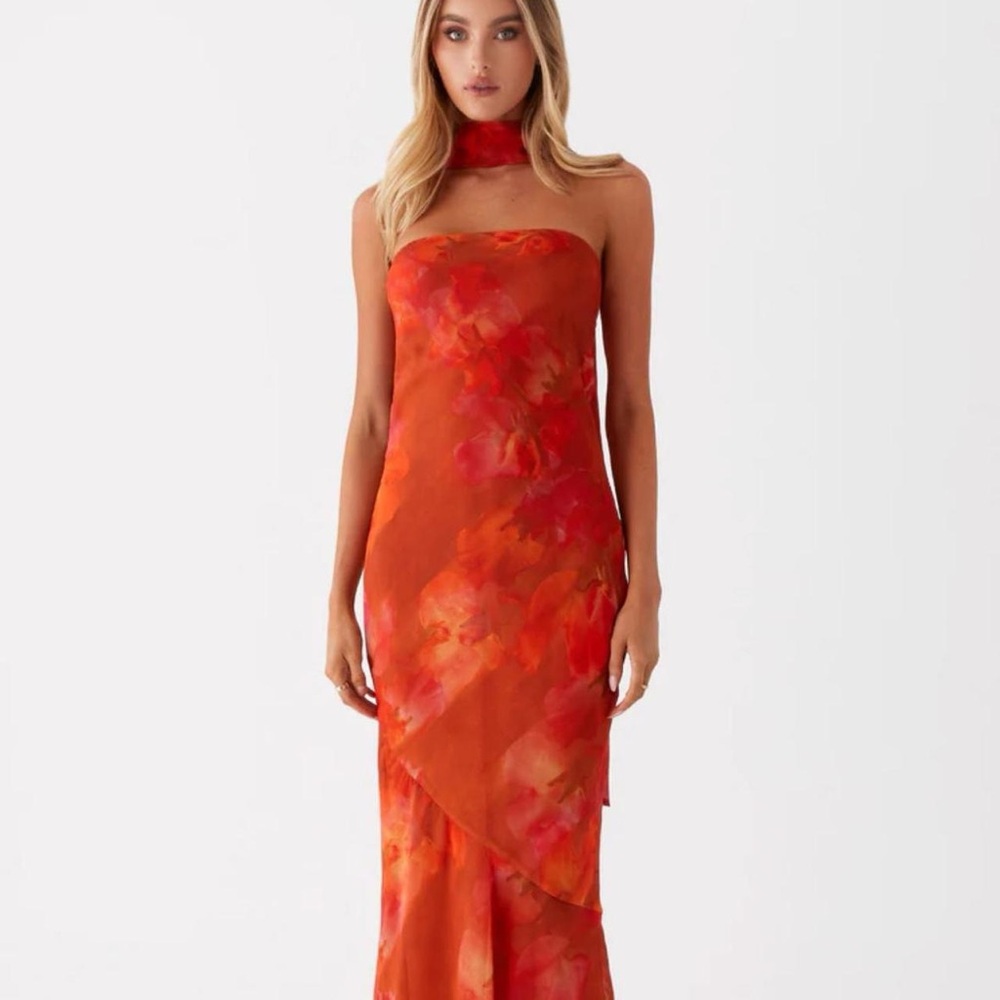 Peppermayo Vibrant Strapless Dress in Red and Orange